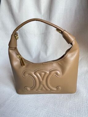 Tan Leather Shoulder Bag - Classic Embossed Logo